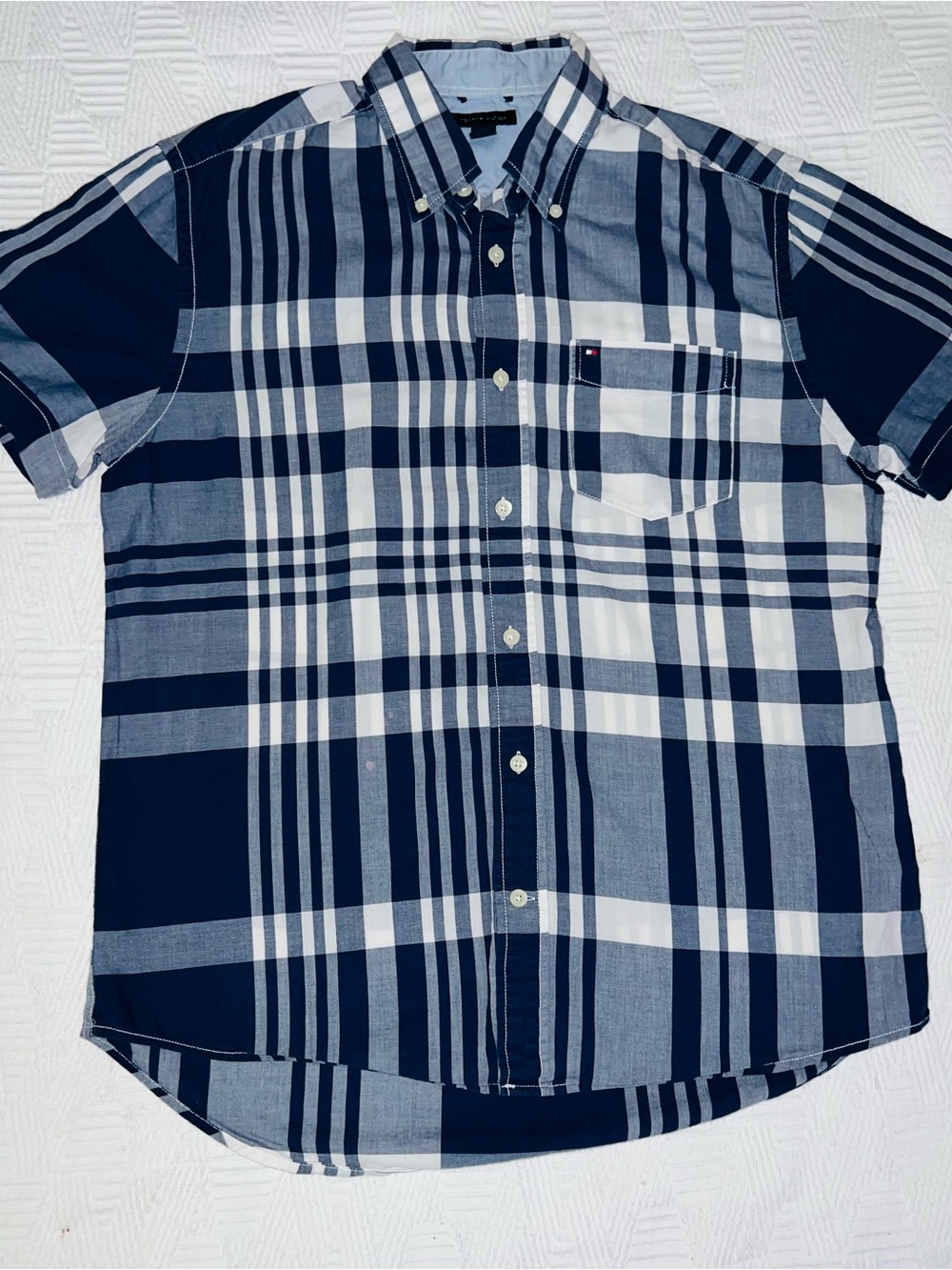 Tommy Hilfiger Navy and White Plaid Short-Sleeve Button-Down Shirt